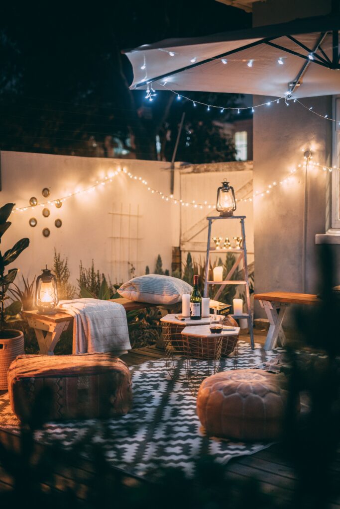 cozy outdoor space with lights